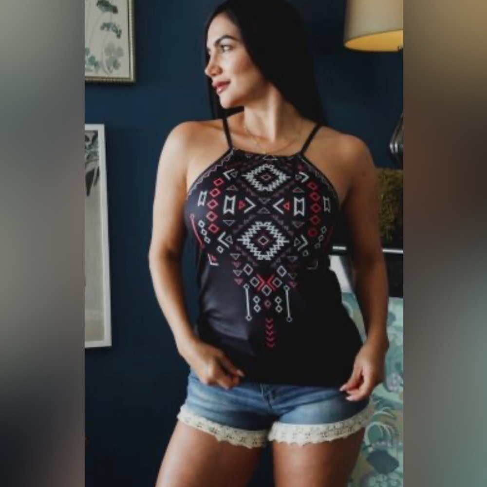 L&b Black with Aztec Print Detail Halter Top.  NWT